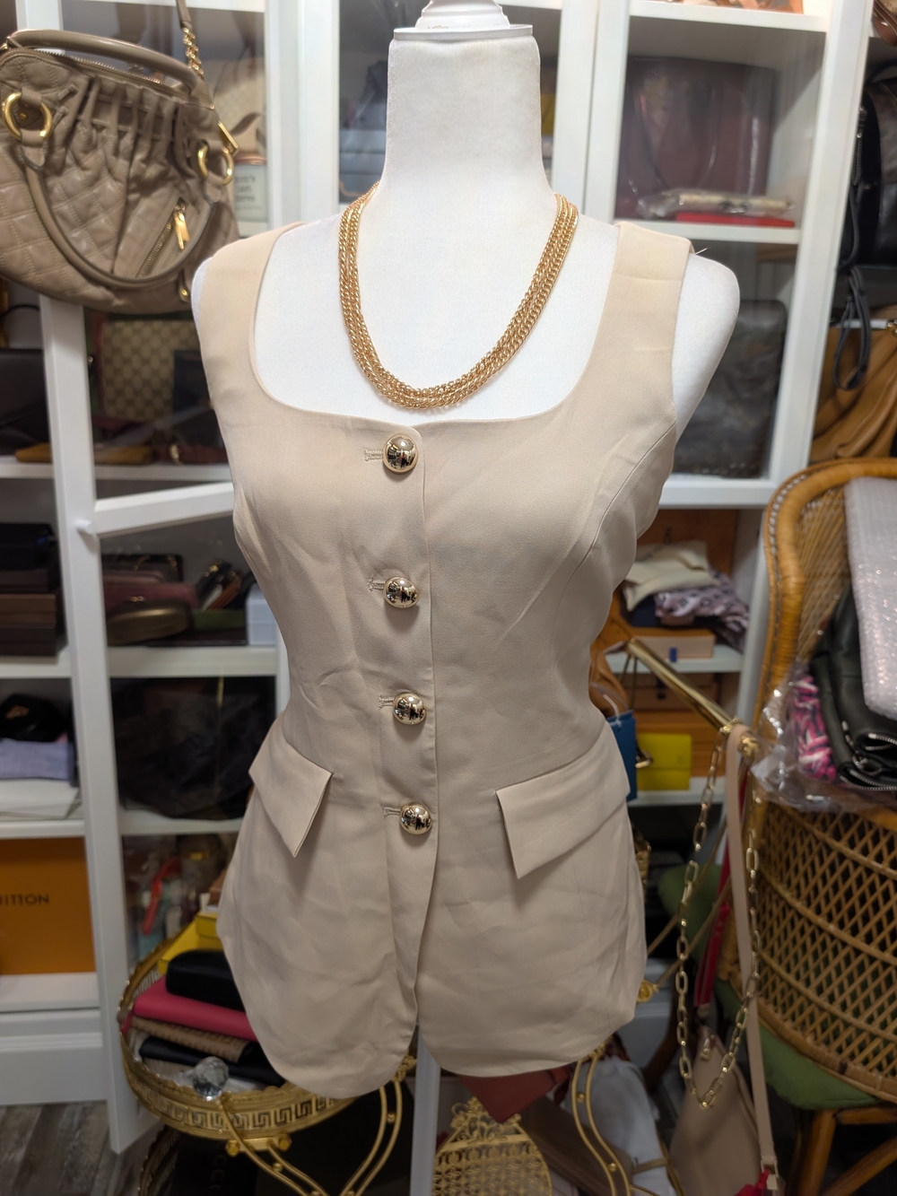 Beige Sleeveless Button-Front Crop Top with Gold Accents